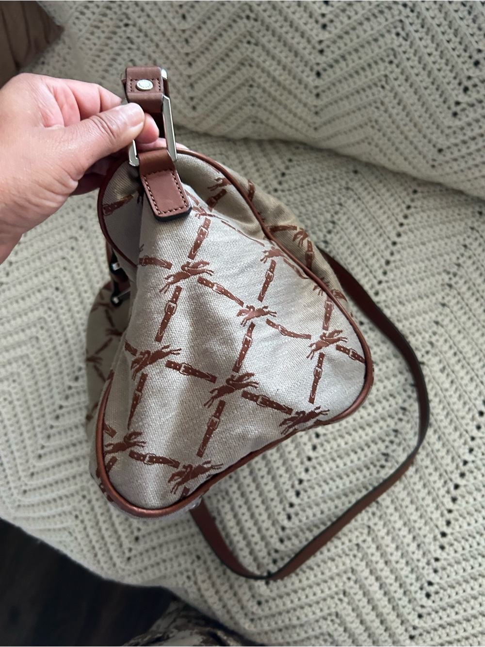 Longchamp Beige & Brown Monogram Top-Handle Satchel - Picture 6 of 11